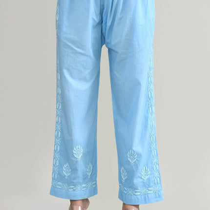 Joban Fashion Womens Cotton ChikanKari Sky Blue & White Cord set