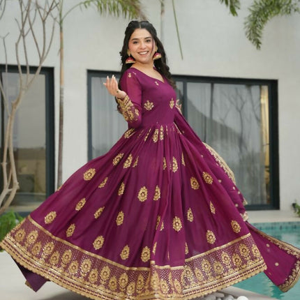 Aastha Fashion Wine Star Georgette Embroidery Zari Sequins-work Party Wear Designer Gown