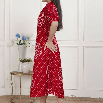 Miravan Womens Red Bandhani Printed Collar Neck Maxi Dress