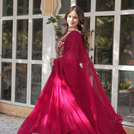 Aastha Fashion Pink Faux Blooming Embroidery Work Party Wear Designer Gown