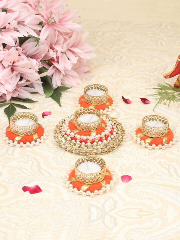 Tied Ribbons Set of 5 Orange & Gold-Toned Tealight Candle Holder