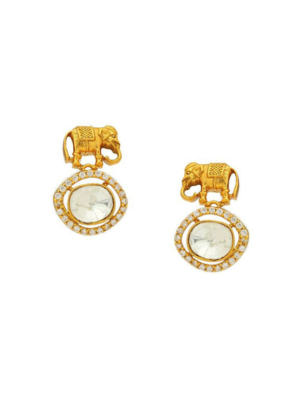 Elephant Studs with Kundan Drops - Ruby Raang