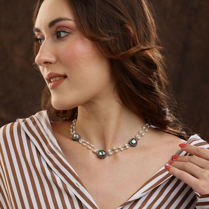 Rhodium Plated Kundan Necklace - Ruby Raang