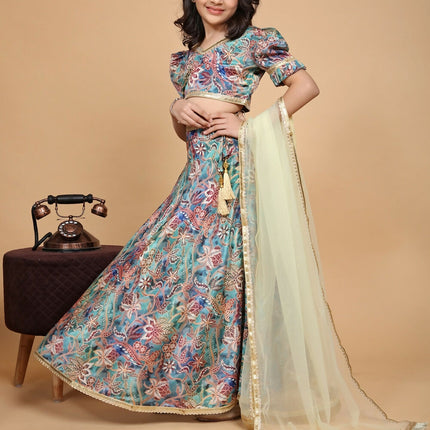 Divine Drape Girls Chinon Multi Printed Kids Lehenga Choli With Dupatta
