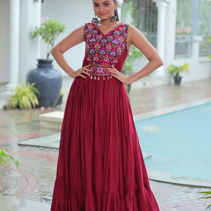 Lorenvalley Fashion Maroon Rayon Kutchi Gamthi Thread Embroidered & mirror Work Gown