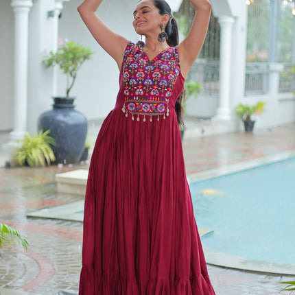 Lorenvalley Fashion Maroon Rayon Kutchi Gamthi Thread Embroidered & mirror Work Gown