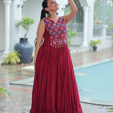Lorenvalley Fashion Maroon Rayon Kutchi Gamthi Thread Embroidered & mirror Work Gown