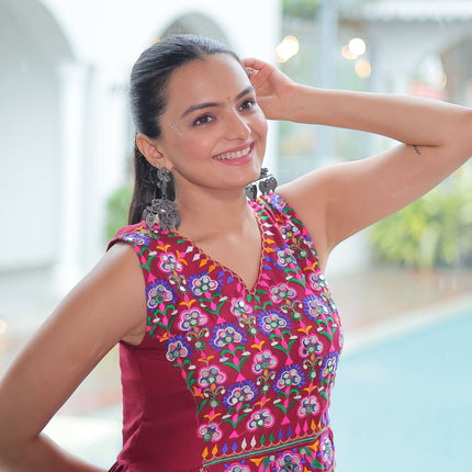 Lorenvalley Fashion Maroon Rayon Kutchi Gamthi Thread Embroidered & mirror Work Gown