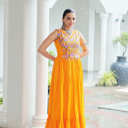 Lorenvalley Fashion Yellow Rayon Kutchi Gamthi Thread Embroidered & mirror Work Gown