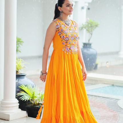 Lorenvalley Fashion Yellow Rayon Kutchi Gamthi Thread Embroidered & mirror Work Gown