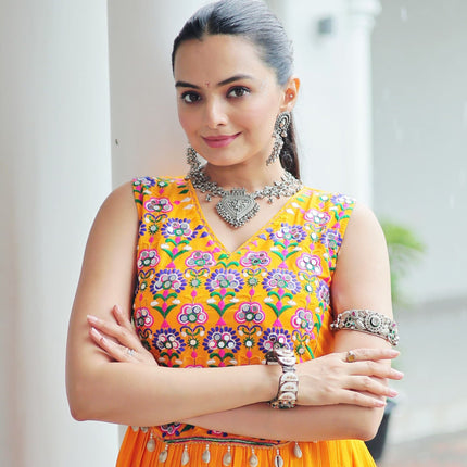 Lorenvalley Fashion Yellow Rayon Kutchi Gamthi Thread Embroidered & mirror Work Gown