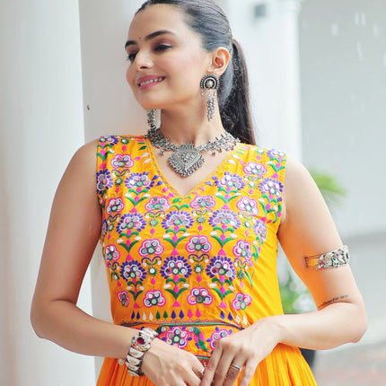 Lorenvalley Fashion Yellow Rayon Kutchi Gamthi Thread Embroidered & mirror Work Gown