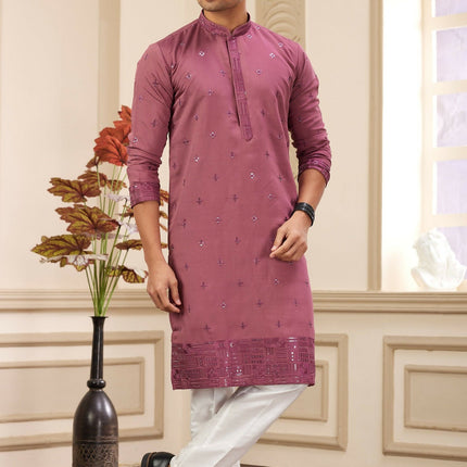 Raivat Ethnic Men's Art Silk Thread Work Kurta Pyjama In Mauve Colour