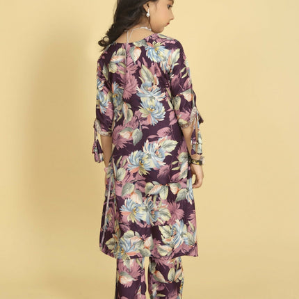 Divine Drape Girls Roman Slub Purple Printed Straight Kids Kurta Pant With Dupatta