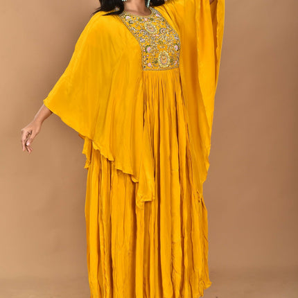 Morchari Kaftan Zari Embroidery Work Gown-Yellow