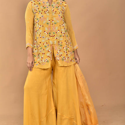 Morchari Women And Hand Embroidery Palazzo Set-Yellow