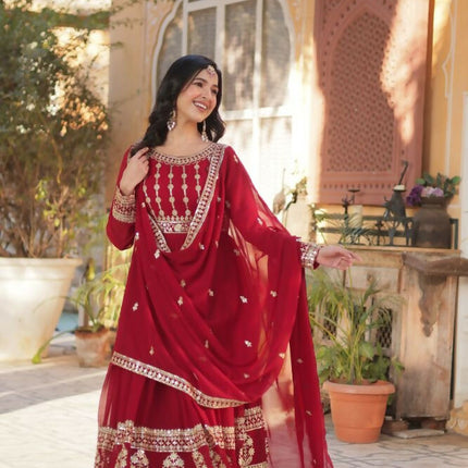 Aastha Fashion Maroon Faux Blooming Embroidery Zari Sequins-work Party Wear Designer Gown