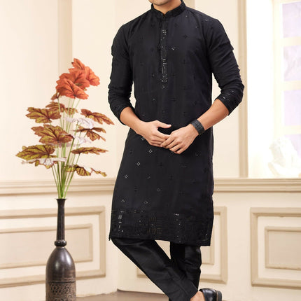 Raivat Ethnic Men's Art Silk Thread Work Kurta Pyjama In Black Colour