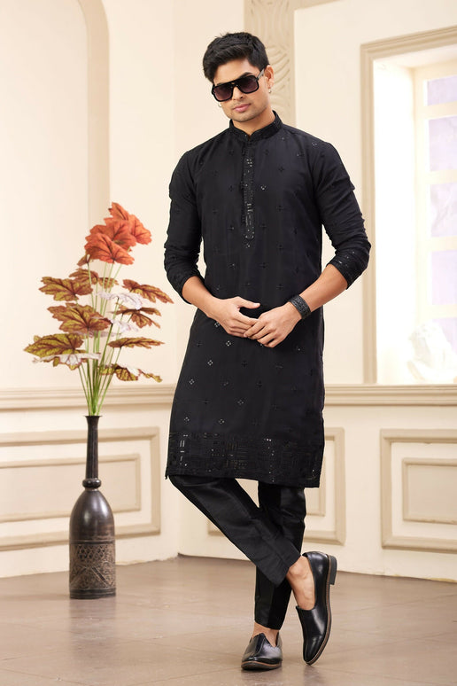 Raivat Ethnic Men's Art Silk Thread Work Kurta Pyjama In Black Colour