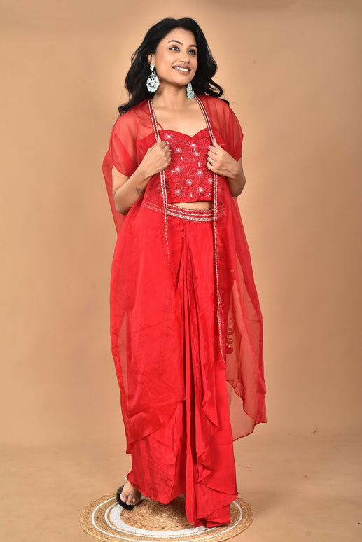 Morchari Women Hand Embroidery Crop Top-Red