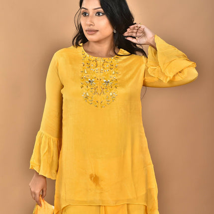 Morchari Women And Hand Embroidery Palazzo Set-Yellow
