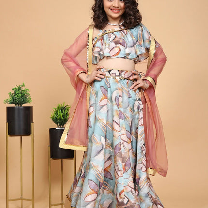 Divine Drape Girls Chinon Sky Blue Printed Kids Lehenga Choli With Dupatta