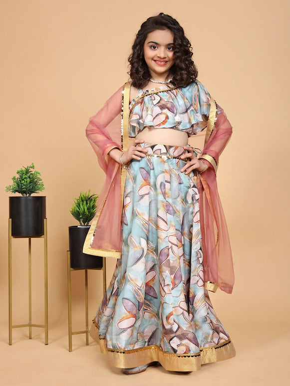 Divine Drape Girls Chinon Sky Blue Printed Kids Lehenga Choli With Dupatta
