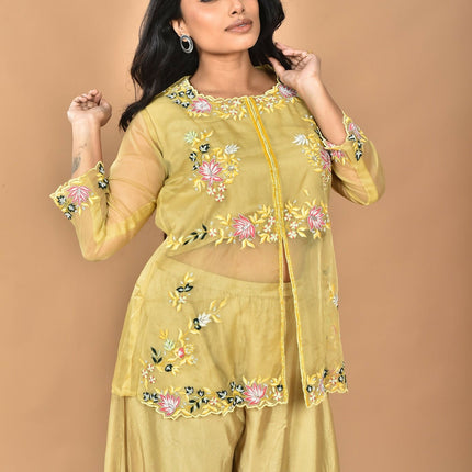 Morchari Women And Hand Embroidery Palazzo Set-Mustard