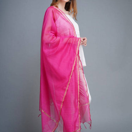 Shehnaai Chanderi Silk Dupatta In Magenta Colour With A Golden Woven Border