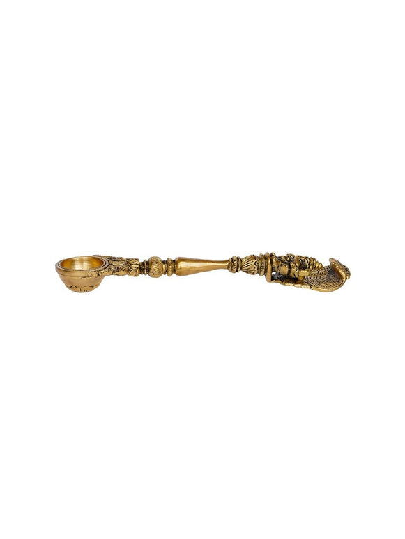 eCraftIndia Gold-Toned Ethnic Carved Brass Long Stick Diya with 1 Wick for Pooja Room