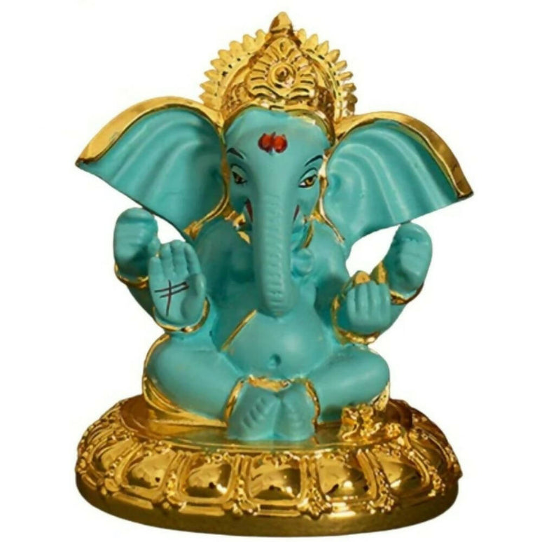 Tamas Gold-Polished Gaj Karna Ganesh Idol Flora Blue & Gold Color