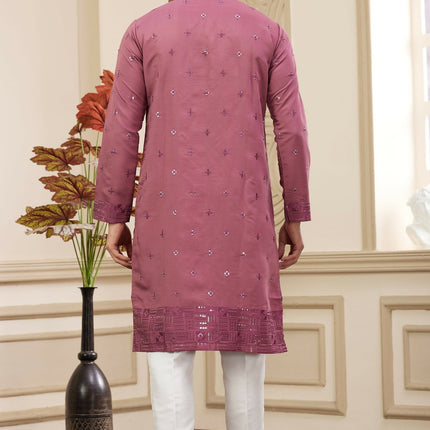 Raivat Ethnic Men's Art Silk Thread Work Kurta Pyjama In Mauve Colour