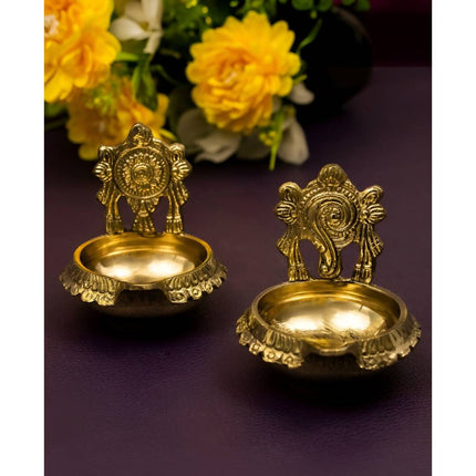 Spillbox Gold-Toned Brass 2 Pieces Shangu Chakra Kuber Diya Pooja Essentials