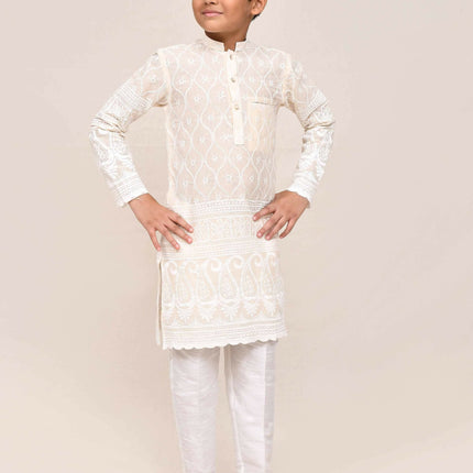 Joban Fashion Cotton Based With Thread & Sequence Work Cream Kurta With Straight Fit Pant