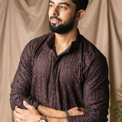 Dark Brown Rayon Thread Embroidery Work Kurta Set - Mahotsav