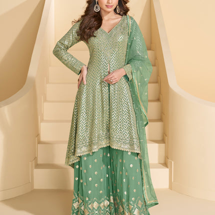 Aarshi Fashions Dark Green Heavy Georgette Palazzo Suit