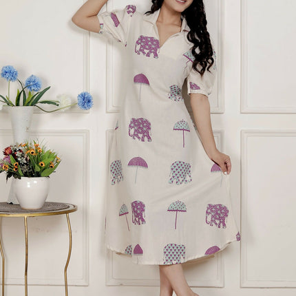 Miravan Womens Flex Cotton Short Sleeve Off White Animal Print A-Line Maxi Dress