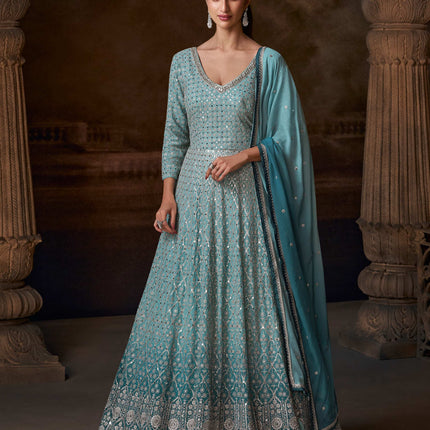 Aarshi Fashions Light Blue Georgette Heavy Embroidery Wedding Gown