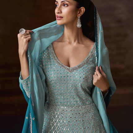 Aarshi Fashions Light Blue Georgette Heavy Embroidery Wedding Gown