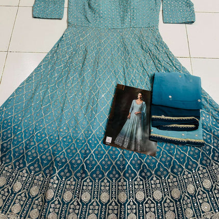 Aarshi Fashions Light Blue Georgette Heavy Embroidery Wedding Gown