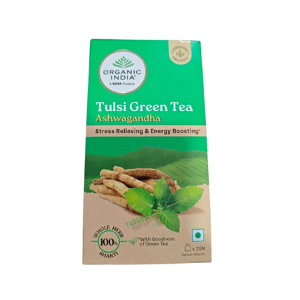 Organic India Tulsi Green Tea Ashwagandha - Herbal Sleep Tea, Caffine Free