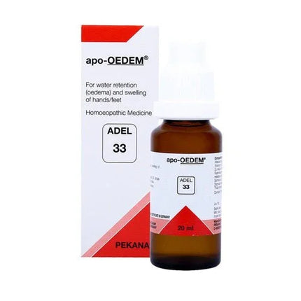 ADEL 33 apo-OEDEM homeopathic drops bottle and box for water retention, available at Shoppiearth UK.