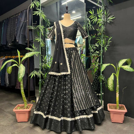 Aastha Fashion Black Heavy Georgette Heavy Embroidery+ Sequence +Ready Lace Semi Stitched Wedding Wear Lehenga Choli
