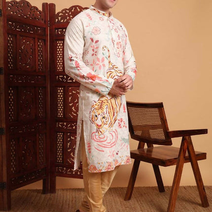 Off White Cotton Printed Chikankari Embroidery Work Kurta - Mahotsav