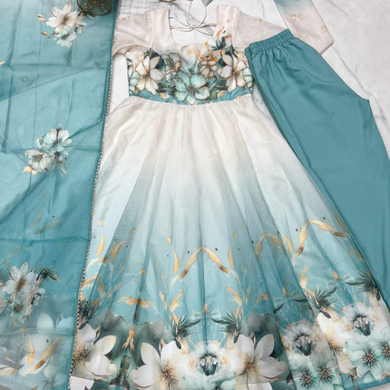 Lorenvalley Fashion Soft Organza Silk Front On Fancy Badla Jari Work Flower Position Print Outing Work Anarkali Kurta Pant With Dupatta Set