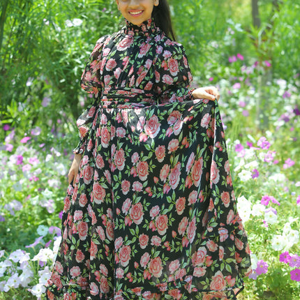 LH Luxury Fashion Runway Rose Long Shirred Dress – Elegant Black Flared Dress for Girls