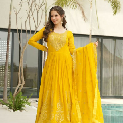 Aastha Fashion Yellow Faux Blooming Embroidery Zari Sequins-work Party Wear Designer Gown