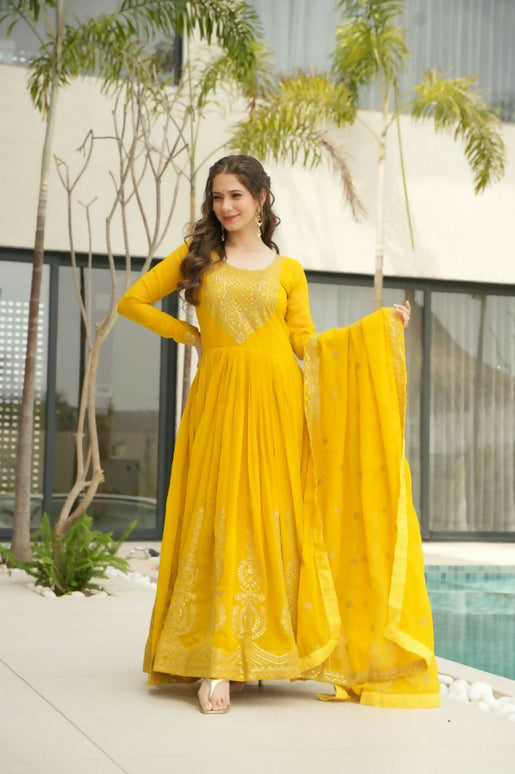 Aastha Fashion Yellow Faux Blooming Embroidery Zari Sequins-work Party Wear Designer Gown