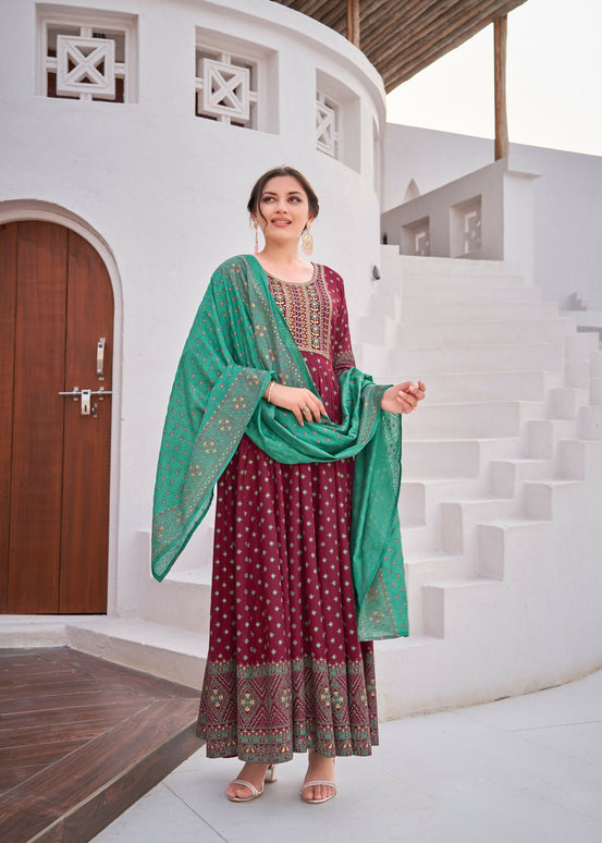 Aastha Fashion Maroon Rayon Party Wear Designer Gown Collection