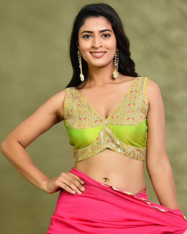 Amodini Designer Studio Lime Green Embroidered Sleeveless Padded Blouse